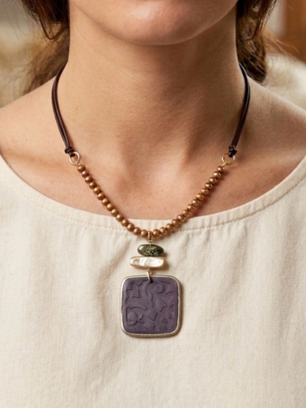 Silpada Retired N1803 Black Pen Shell & Pearl Leather Necklace